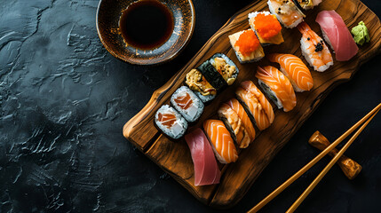 top view of arranged sushi set on wooden plate and chopsticks on dark surface, generative ai