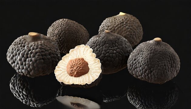 black truffles group and slice on black clipping path included
