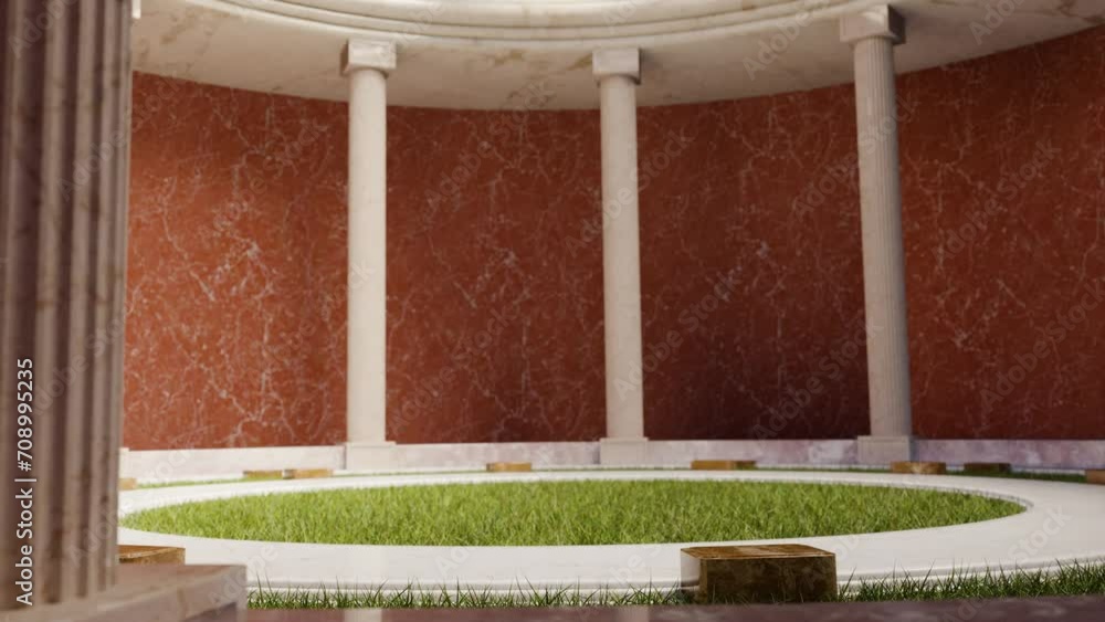 Poster interior of circular building with columns and grass lawn. 3d animation