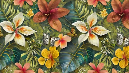 Fotobehang exotic tropical pattern luxurious wallpaper with tropical flowers leaves butterflies hand drawn 3d illustration for fabric wallpaper paper © Richard