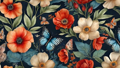 floral seamless pattern with flowers leaves butterflies luxury 3d illustration premium vintage wallpaper glamorous art with lilies and poppies dark background for fabric printing cloth posters - obrazy, fototapety, plakaty