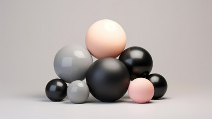 3D black and pink spheres of different sizes and transparency. Pastel colour palette. Abstract background. Generative AI