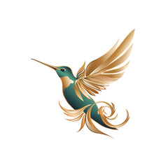 Fototapeta premium Hummingbird logo. Gold and teal color colibri bird flying logo design. Isolated on white background. Vector illustration 