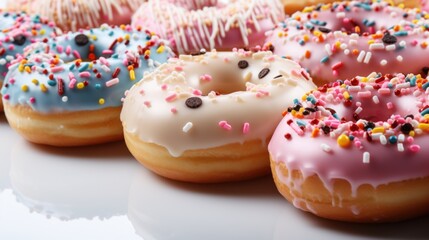 Close-up of variety of glazed delicious festive donuts with colourful sprinkles. Generative AI