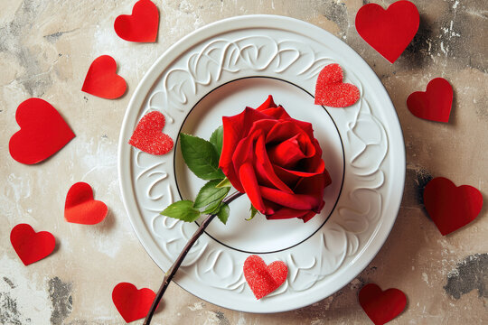 overhead flat lay view of a valentine meal setting, a plate with a red rose and heart shapes