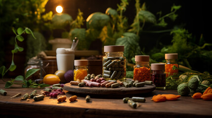 Vibrant display of herbal supplements, pills and vitamins in the bottles - obrazy, fototapety, plakaty