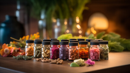 A vibrant display of herbal supplements, nuts and vitamins in the bottle - obrazy, fototapety, plakaty