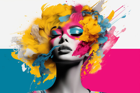 Abstract masterpiece of a woman's face emerged, brought to vivid life through the artistry of CMYK digital printing and design, showcasing beauty in a tapestry of vibrant hues and captivating forms