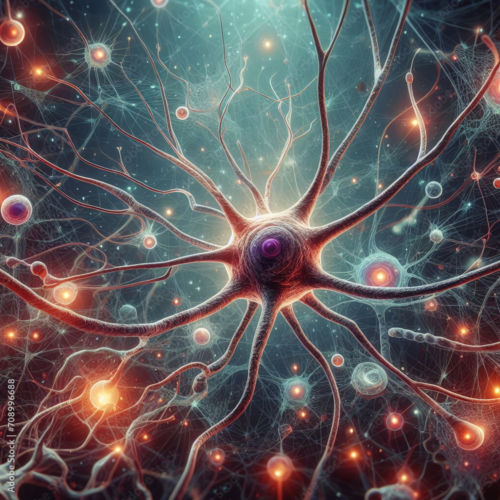 Aufkleber 3d illustration of neuron cell with neurons and nervous system, computer generated abstract backgrou
