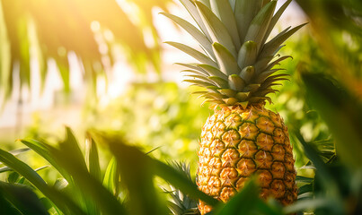 Pineapple close up, plantation background