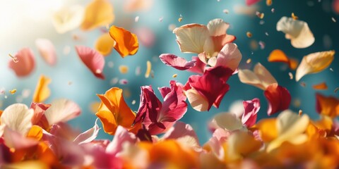 Flowers and petals floating in the air macro, abstract background - obrazy, fototapety, plakaty