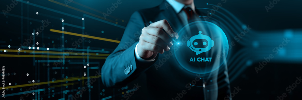 Poster ai chatbot and artificial intelligence chat concept. hand pressing an icon on a virtual screen