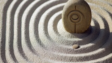 Fototapeta na wymiar Calm and Peaceful Zen Garden, sand and stones. Japanese dry garden. Closeup meditative sand patterns and balanced stones