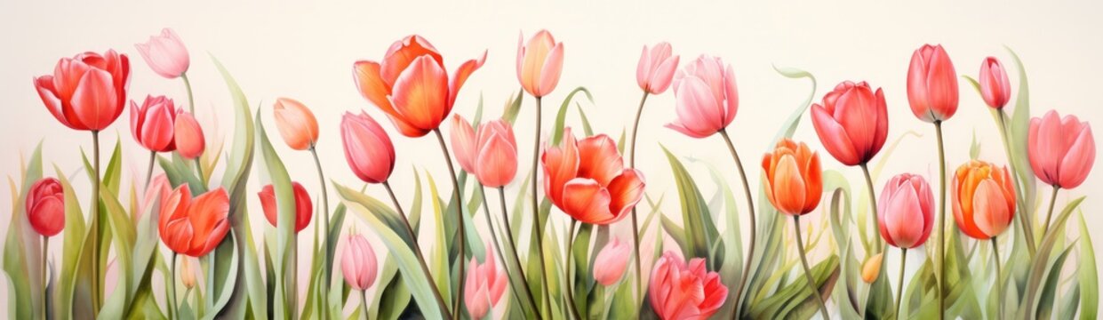Tulips flowers. Watercolor illustration banner on white background