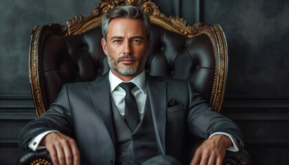 handsome and successful man sits in a luxury leather armchair - obrazy, fototapety, plakaty