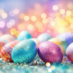 Fototapeta na wymiar Colorful Easter eggs with a pattern on a blurred background with bokeh. Splashes of glitter. Background wallpaper texture for advertising, cards, banners and web design