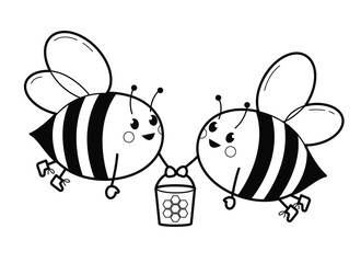 Cartoon cute two bees flies with a bucket of honey in hands. Outline illustration, design elements or page of children's coloring book.