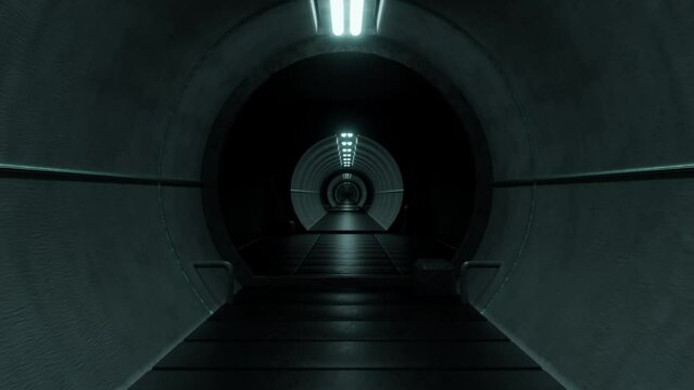 3D animation loop of dark tunnel with glowing lights