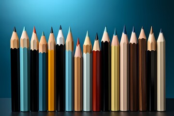A mesmerizing display of sharpened pencils in various lengths, arranged artistically on a sky blue canvas - Powered by Adobe