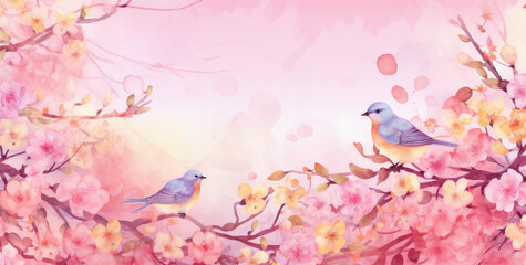 a painting of two birds sitting on a branch of a tree with pink flowers and leaves on it, with a pink sky in the background, generative ai