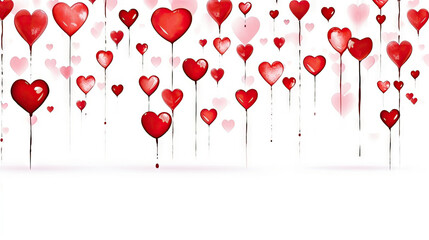  abstract red hearts raining down isolated on white background.