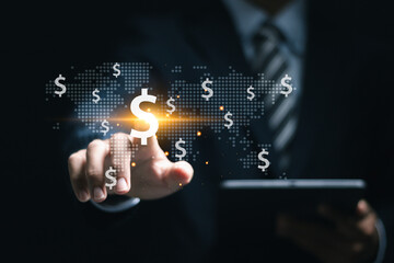 USD dollar exchange and Investing in USD dollars. Businessman touching virtual sign of USD dollar with world map for currency exchange and money transfer.