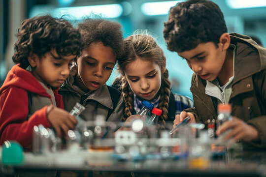 Group of passionate young students engaged in a fun, educational science project at their school laboratory. Animated kids brainstorming and tinkering with science experiments in class. Stem education