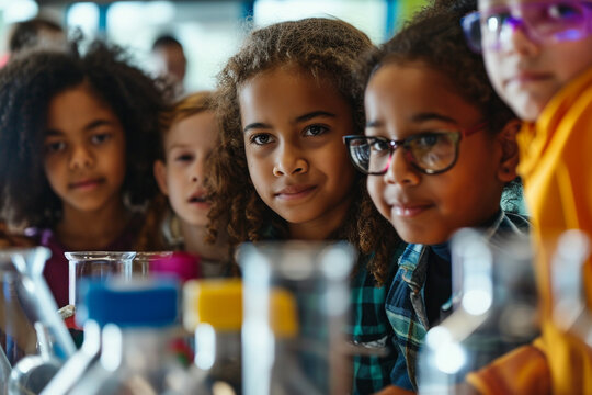 Group of passionate young students engaged in a fun, educational science project at their school laboratory. Animated kids brainstorming and tinkering with science experiments in class. Stem education