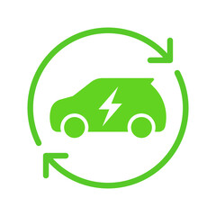Electric car charging icon with recycling rotation arrow symbol, EV car, Green hybrid vehicles charging loop, Renewable clean energy sign, Eco friendly vehicle concept, Vector illustration