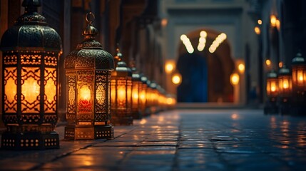 An intricate lantern-lit pathway through an ancient souk