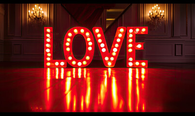 Love valentine's day message in illuminated vintage style broadway display lettering