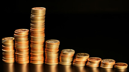 pile of coin stack on golden black background, financial success concept