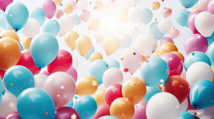 Colorful balloons background with copyspace is perfect for birthday party invitations, celebration flyers, and greeting cards. It creates a festive and joyful atmosphere for various designs.