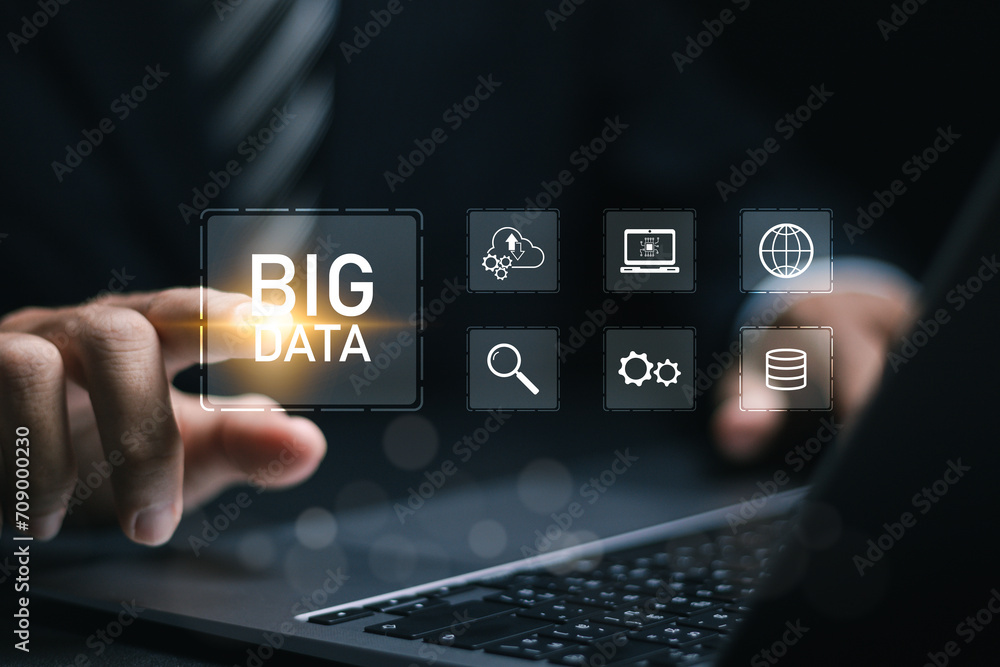 Poster big data concept, businessman use laptop with virtual icons of big data, data science, business anal