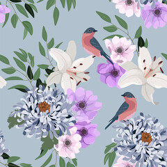 Vector pattern with anemone, chrysanthemum, lily and birds
