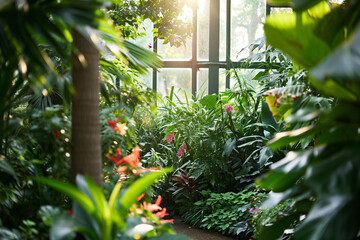 Fototapeta na wymiar The lush tropical beauty of a greenhouse - A tranquil oasis filled with an array of plants, leafy foliage, and exotic flowers bathed in soft sunlight. Ideal scenery for relaxation and plant cultivatio