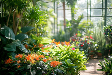 The lush tropical beauty of a greenhouse - A tranquil oasis filled with an array of plants, leafy foliage, and exotic flowers bathed in soft sunlight. Ideal scenery for relaxation and plant cultivatio