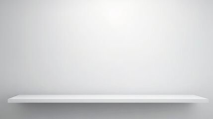 White empty shelf on a light gray wall.A simple white shelf with a soft light illuminating it, perfect for showcasing products or creating a cozy atmosphere in interior design and home decor concepts.