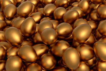 Heap of farm raw organic gold chicken eggs, abstract background