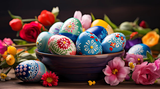 colorful easter eggs with flowers