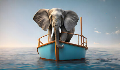 An elephant sails on a blue boat, determined to reach its goal. - obrazy, fototapety, plakaty