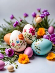 Obraz na płótnie Canvas a beautifully arranged table with easter eggs and flowers. 