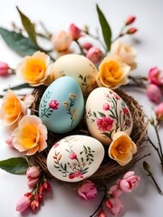  a beautifully arranged basket filled with Easter eggs and flowers