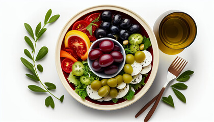 A top perspective Sliced olives, red wine, and Greek salad isolated on a white background