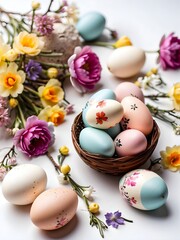  a beautifully arranged basket filled with Easter eggs and flowers
