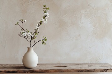 A simple vase with a branch on a wooden table. Simple yet elegant decoration. - obrazy, fototapety, plakaty