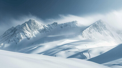 Stunning panoramic view of snowy mountain range. The untouched powder snow with ski tracks crisscrossing. Bright and crisp winter day with snow capped peaks and clear blue sky. Cold adventure and expe