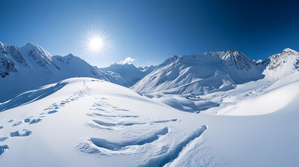 Fototapeta na wymiar Stunning panoramic view of snowy mountain range. The untouched powder snow with ski tracks crisscrossing. Bright and crisp winter day with snow capped peaks and clear blue sky. Cold adventure and expe