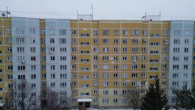 Aerial photography of windows of a residential apartment building. Soviet buildings architecture aerial view.