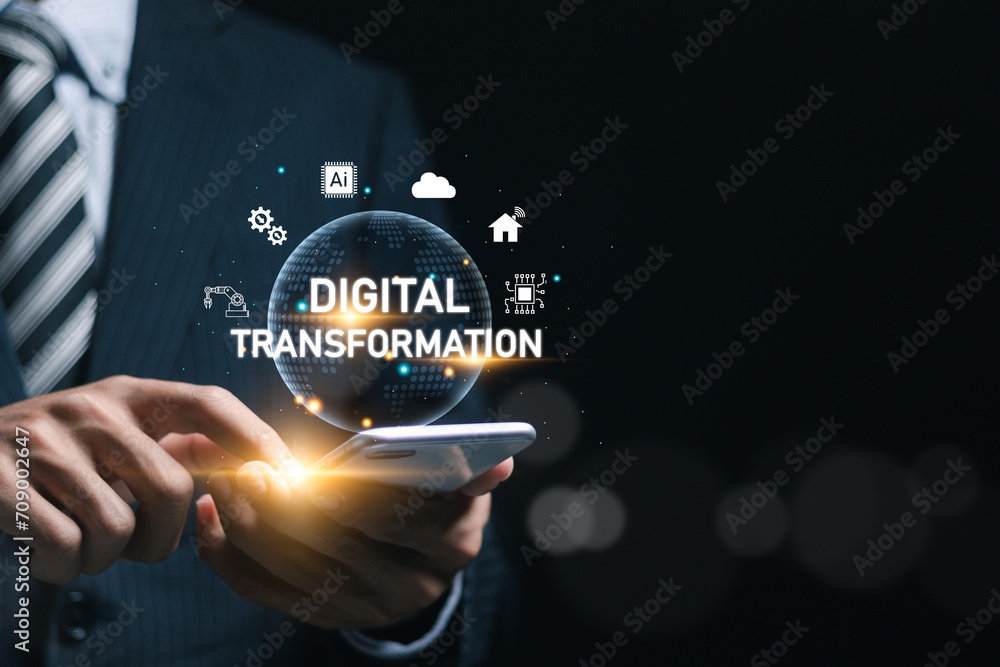 Poster digital transformation and digitalization technology. businessman use smartphone with virtual digita